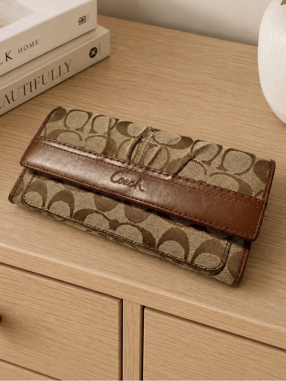 Coach Signature Jacquard and Chocolate Leather Vintage Tri-fold Long Wallet